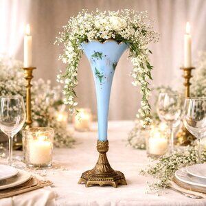 Antique Victorian Vase Blue Opaline Glass Epergne Brass Base Hand Painted Floral